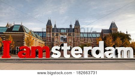 AMSTERDAM - OCTOBER 30: I Amsterdam slogan on October 30 2016 in Amsterdam Netherlands. Located at the back of the Rijksmuseum on Museumplein the slogan quickly became a city icon.