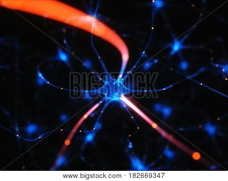 3D illustration of Interconnected neurons with electrical pulses.