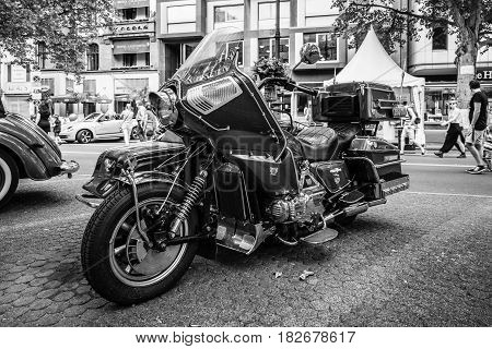 BERLIN - JUNE 05 2016: Motorcycle with sidecar Honda Gold Wing GL1100 Full-Dresser 1980. Black and white. Classic Days Berlin 2016.