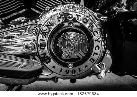 BERLIN - JUNE 05 2016: Engine of motorcycle Indian Chieftain. Black and white. Classic Days Berlin 2016.