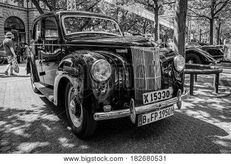 BERLIN - JUNE 05 2016: Vintage car Ford Prefect (E493A) a British cars which was produced by Ford UK. Black and white. Classic Days Berlin 2016.