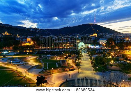 View Of Rike Park With Bridge Of Peace At Night. Tbilisi, Georgia