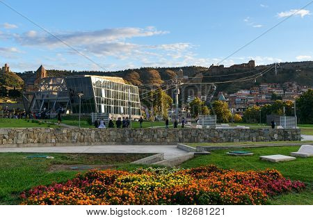 View On Cableway Under Roofs Of Old City At Sunset. Tbilisi, Georgia
