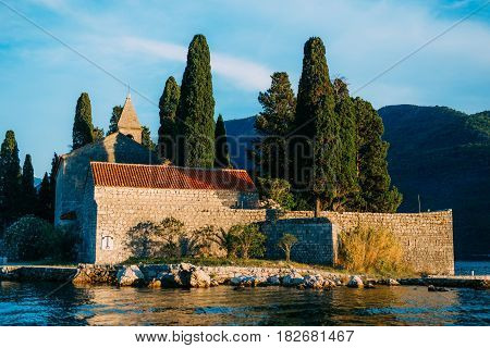The island of Gospa od Skrpela in the Boko-Kotorsky Gulf near the town of Perast in Montenegro.