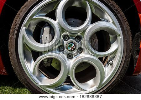 BERLIN - JUNE 05 2016: Wheel of sports car Alfa Romeo 4C (Type 960) since 2014. Classic Days Berlin 2016.