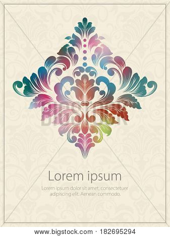 Vector invitation card with watercolor damask element. Arabesque style design. Old fashioned luxury style design. Elegant floral abstract ornaments. Design element.