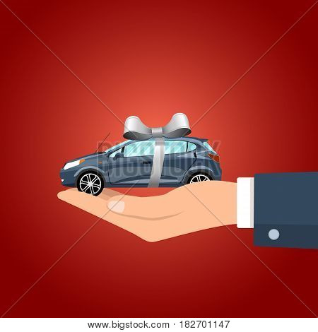 Hand holding car with the gray colored ribbon. Vector illustration.