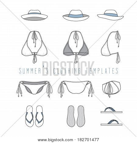 Vector illustration of female beach clothing set - bikini swimwear, panama hat, footwear. Front, back, side views of blank wear templates. Isolated on white background.