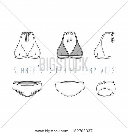 Vector illustration of female beach clothing set. Blank vector templates of swimwear in front, back, side views. Fashion design in hipsters style. Isolated on white background.
