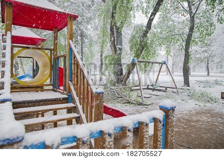 The Branches Of The Tree With The Green Spring Leaves Broke Under The Weight Of Wet Snow And Wind, I