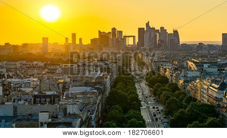 Twilight in Paris from Arch Triumph. New city skyline