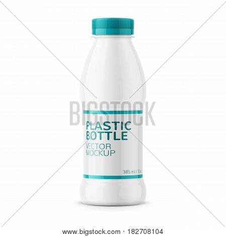 White glossy plastic bottle with screw cap for dairy products milk, drink yogurt, cream, dessert. Wrapped with label. 385 ml. Realistic packaging mockup template. Front view. Vector illustration.