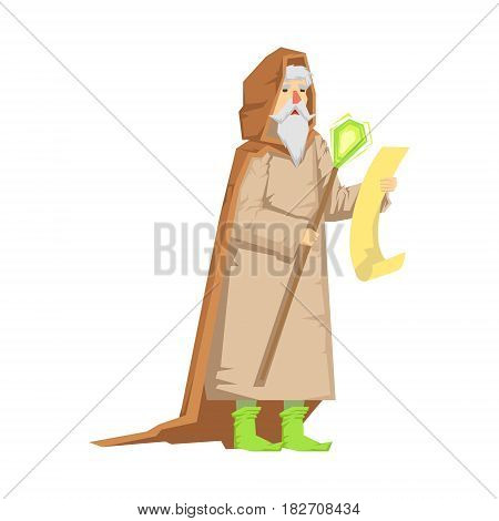 Old wizard holding magic staff. Colorful fairy tale character Illustration isolated on a white background