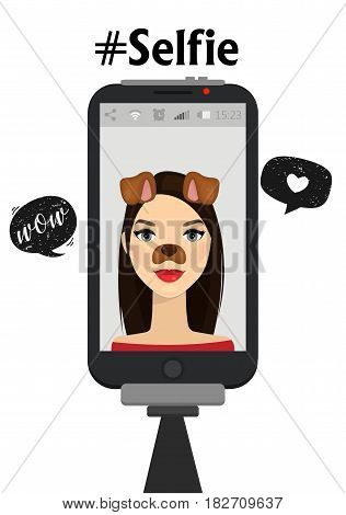 Taking selfie photo on mobile phone. Vector illustration. Hand hold monopod with smartphone and take photography. Beauty woman with funny dog ears filter.