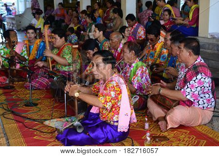 BANGKOKTHAILAND-APRIL 162017: celebrates the Songkran Festival in the Thai-Mon style at Bangkradi Temple bangkuntien Mon music is a band composed with special characteristics