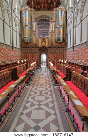 ROCHESTER, UK - APRIL 14, 2017: The Quire inside the Cathedral with the organ in the background