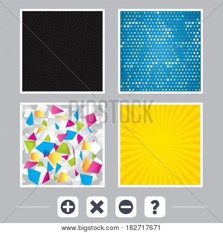Carbon fiber texture. Yellow flare and abstract backgrounds. Plus and minus icons. Delete and question FAQ mark signs. Enlarge zoom symbol. Flat design web icons. Vector