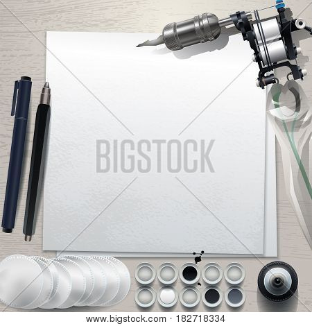 Realistic mock up with tattoo stuff. All objects are isolated from each other. Top view design for showing sketches