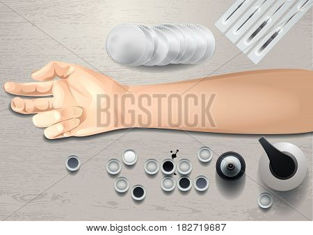 Realistic mock up with woman hand and tattoo stuff. All objects are isolated from each other. Top view design for showing sketches