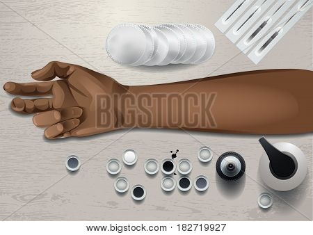 Realistic mock up with tan woman hand and tattoo stuff. All objects are isolated from each other. Top view design for showing sketches