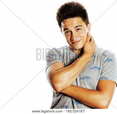 young handsome brunete man emotional posing on white background isolated realy cute lifestyle concept