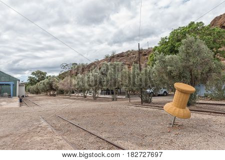 CALITZDORP SOUTH AFRICA - MARCH 24 2017: A large pin on the map. The railway station in Calitzdorp was converted into a caravan park