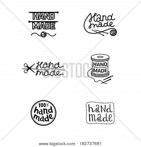 Set of vintage labels and logo elements retro symbols for local sewing shop knitwear company knitting workshop hand made artist. Black and white logotype in vector