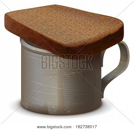 Metal war mug with water and piece of gray bread. Symbol of memory of dead. Isolated on white vector illustration