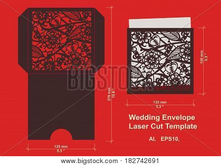 Laser cut flower pattern for wedding invitation envelope. Vector template ready for printing, postcards packets, wedding invitation, engraving, paper, wood, metal.