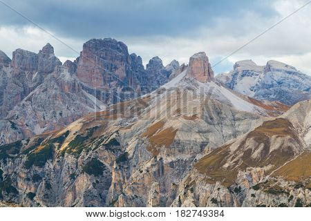 Beautiful mountains and mountain peaks of the Dolomites in Italy. National Park Tre Cime di Lavaredo