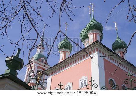 Domes of Beautiful Russian Pink Christian Church in Kostroma blue sky