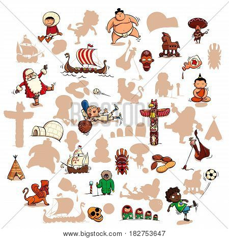 Fun Visual Game: Find the right mirror shadow of each item. Theme: World attractions. Illustration is in eps10 vector mode elements are isolated.
