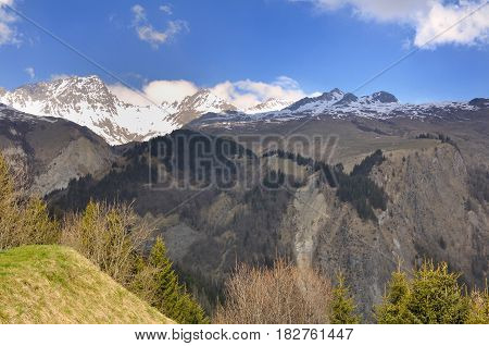 lanscape mountain in spring with snowy summet