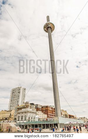 Brighton observation tower at seafront Sussex coastline.
