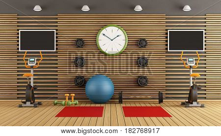 Gym with stationary bike pilates ball and hand weight - 3d rendering