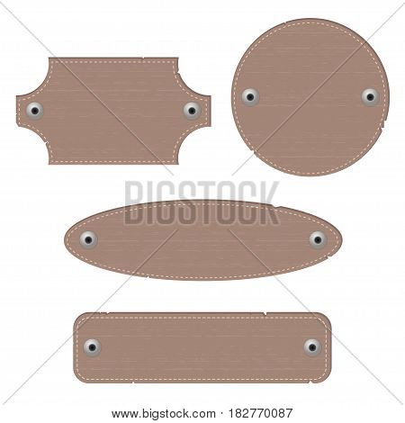 Leather labels with rivets. Different shapes. Vector illustration