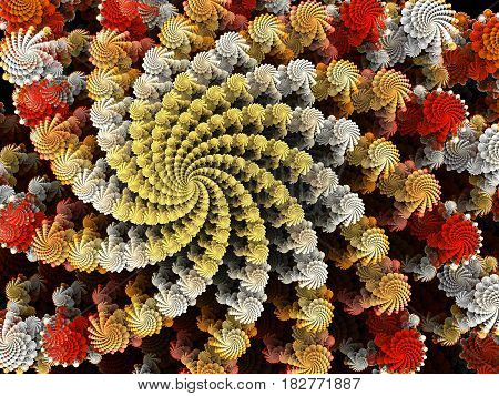 An abstract computer generated modern fractal design on dark background.  Like romanesco broccoli fractal with colour spiral