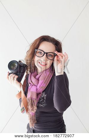 photographer girl in glasses purple scarf 1