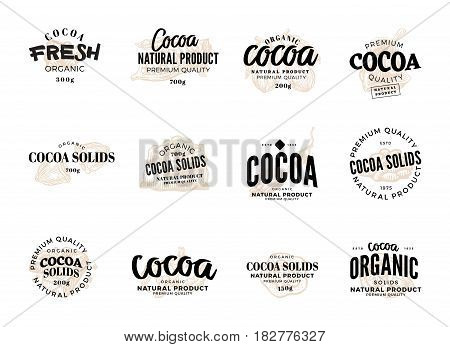 Isolated cocoa logo set with cocoa fresh organic cocoa natural product premium quality descriptions vector illustration