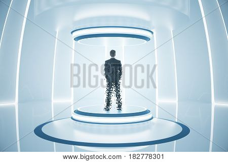 Back view of businessman inside abstract teleportation sation. Future technologies concept. 3D Rendering