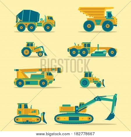 Vector flat icons set of construction vehicles. Road engineering signs. Industrial machinery symbols