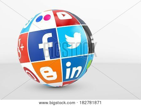 MILAN ITALY - DECEMBER 7 2015: Social media and network logotypes of famous Internet brand's like Facebook Twitter Linkedin and YouTube printed on a globe.