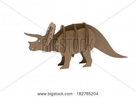 Triceratops made out of cardboard. paper dinosaur toy isolated on white background