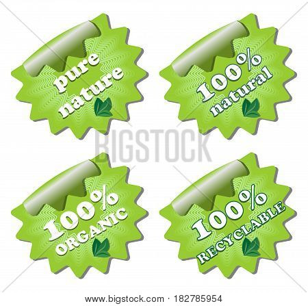 set of ecology green star labels pure nature organic recyclable natural