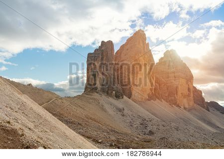 Tre Cime di Lavaredo in beautiful surroundings in the Dolomites in Italy Europe (Drei Zinnen)
