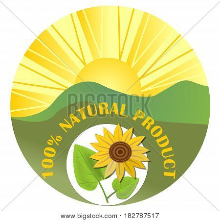 Contrasting circle label for natural product with sun green landscape and sunflower