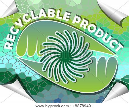 Label for recyclable product with green and blue mosaic design with rolled paper corners