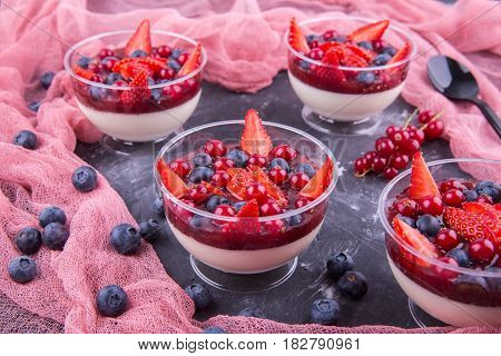 Pannakota with milk jelly and home-made jam with fresh berries
