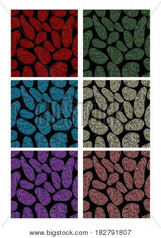 A set of seamless tiles with colorful fingerprints on the dark background