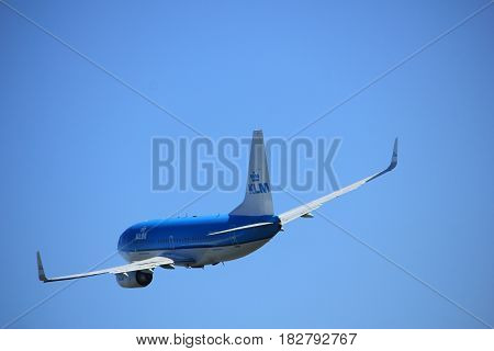 Amsterdam the Netherlands - April 2nd 2017: PH-BGN KLM Royal Dutch Airlines Boeing 737-700 takeoff from Polderbaan runway Amsterdam Airport Schiphol
